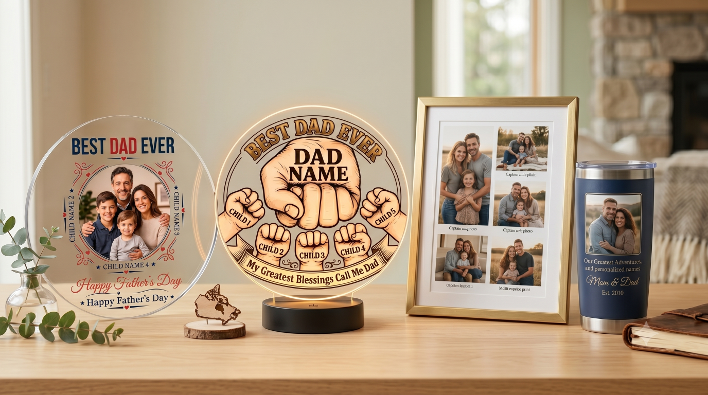 Premium personalized photo gifts displayed for birthdays, weddings, graduations, anniversaries, and family celebrations.